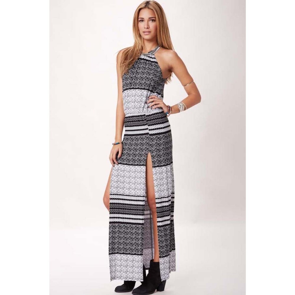 NWOT Blue Life Aztec Stripe Halter Maxi Dress